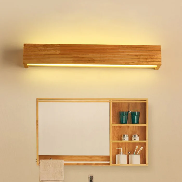 Natural Wood Frame Wall Light - Rustic LED Bathroom Mirror Sconce
