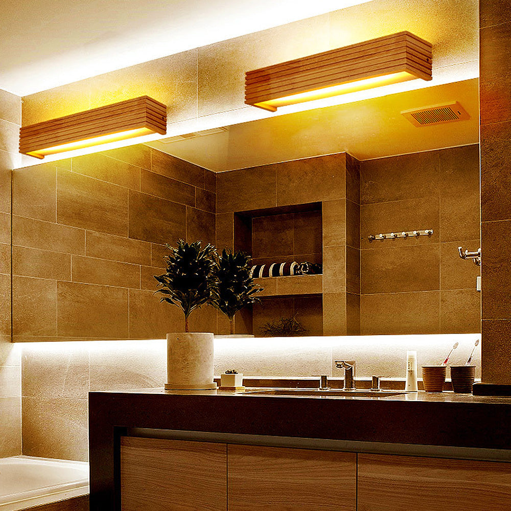 Natural Wood Frame Wall Light - Rustic LED Bathroom Mirror Sconce