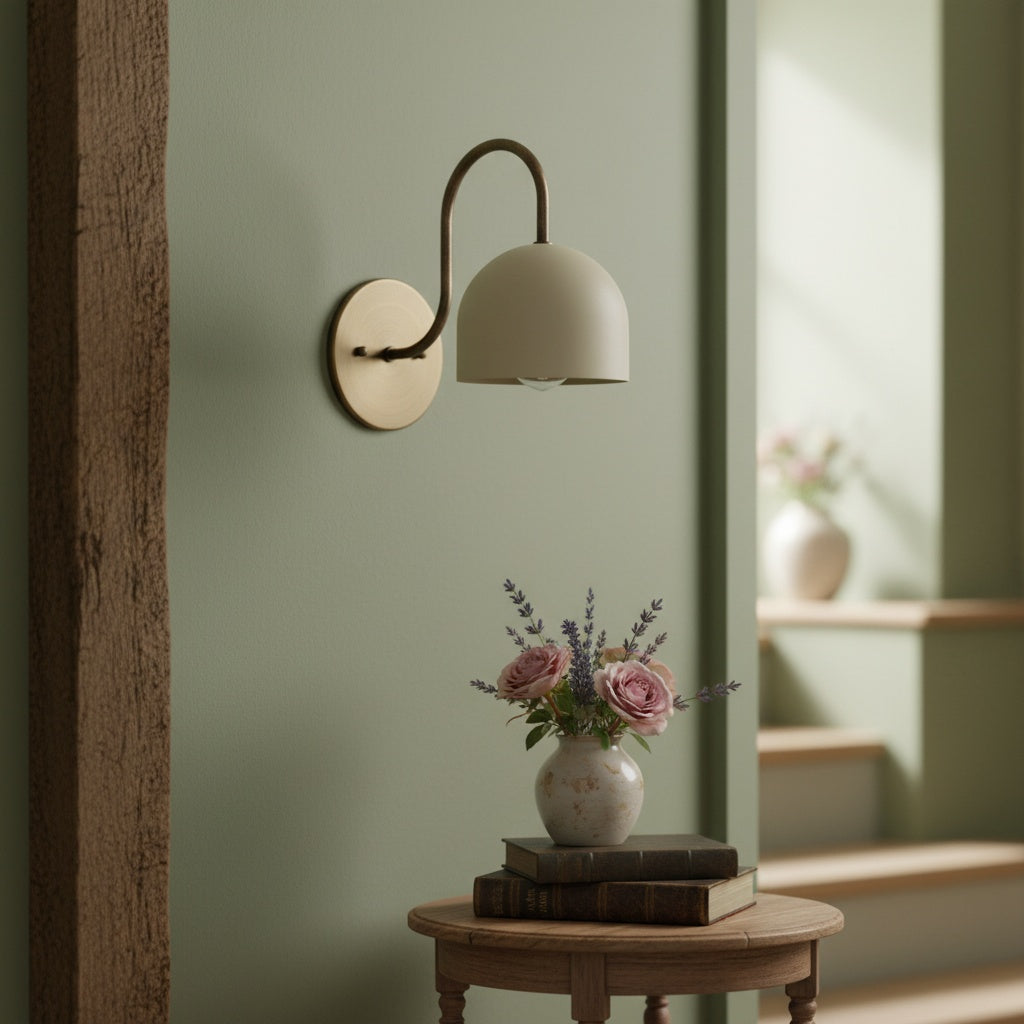 Curva Metal Industrial Wall Sconce - Curved Brass Arm - Hammered Dome Light Fixture
