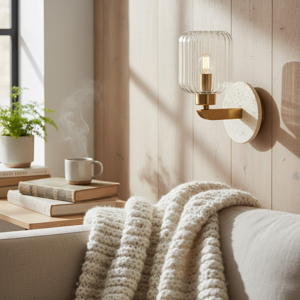 Korlisse Modern Marble Wall Light - Vintage Brass & Clear Glass Accent for Living Room and Hallway