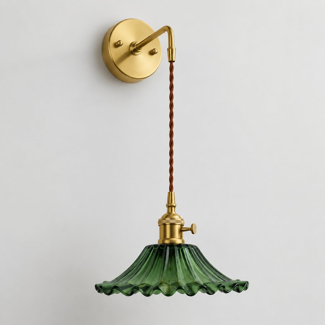 Vintage green glass wall light with brass arm, 912LW shade 7 cm high and 22 cm diameter
