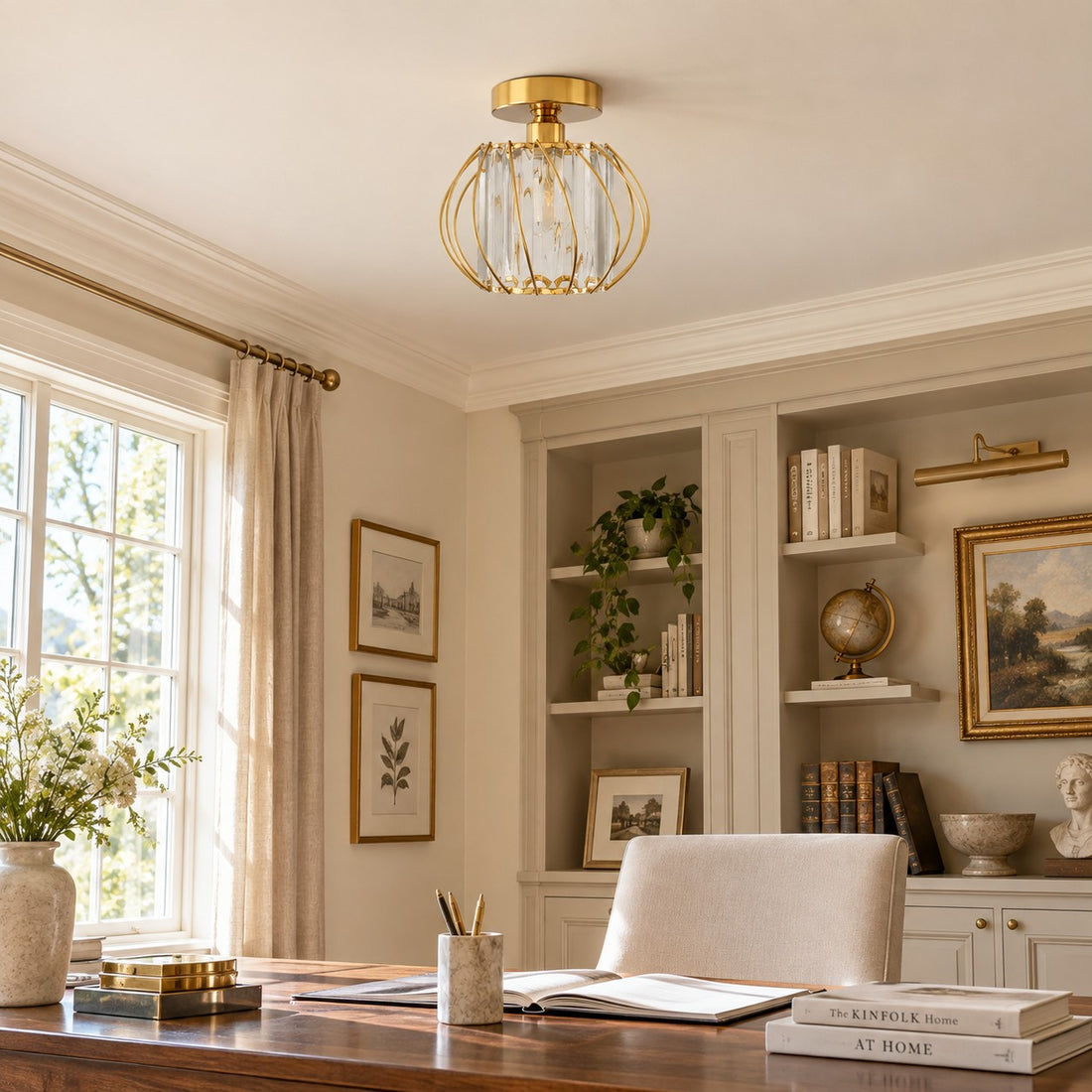 Geometric Cage Semi-Flush Mount Crystal Ceiling Light for Hallway and Entryway