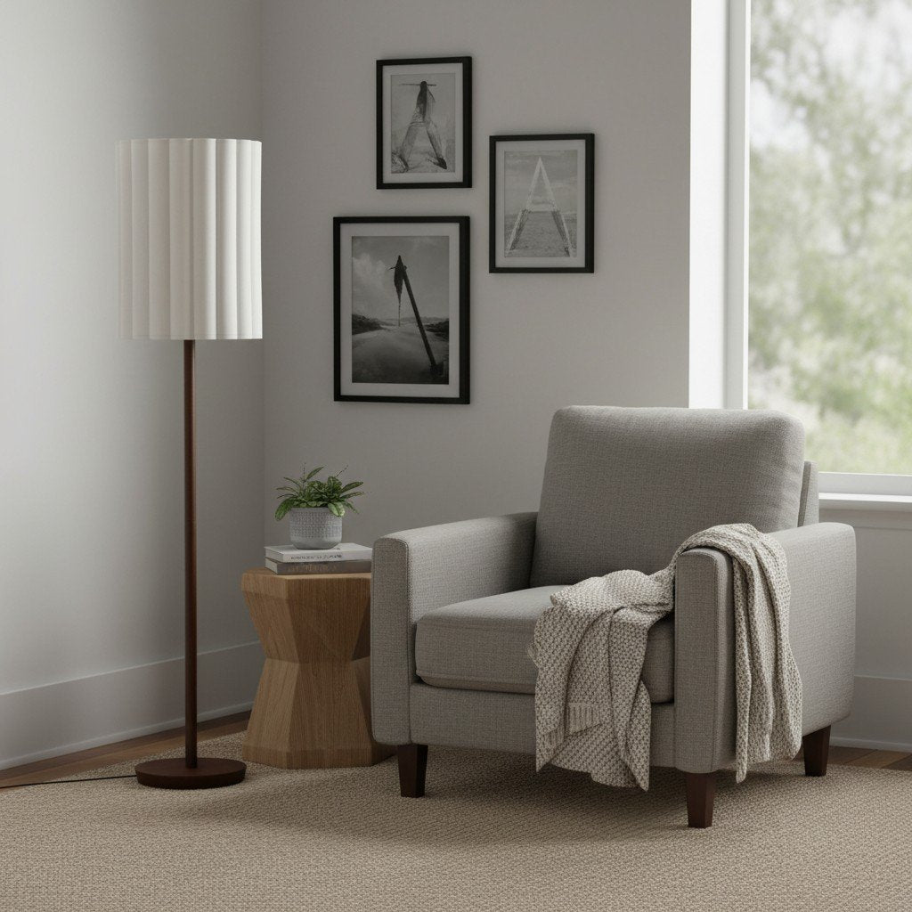 Linbron Walnut Wood Floor Lamp with Fluted Linen Shade – Modern Natural Home Decor