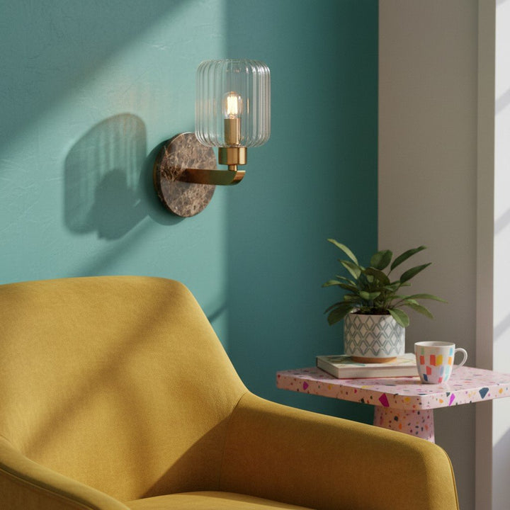 Korlisse Modern Marble Wall Light - Vintage Brass & Clear Glass Accent for Living Room and Hallway