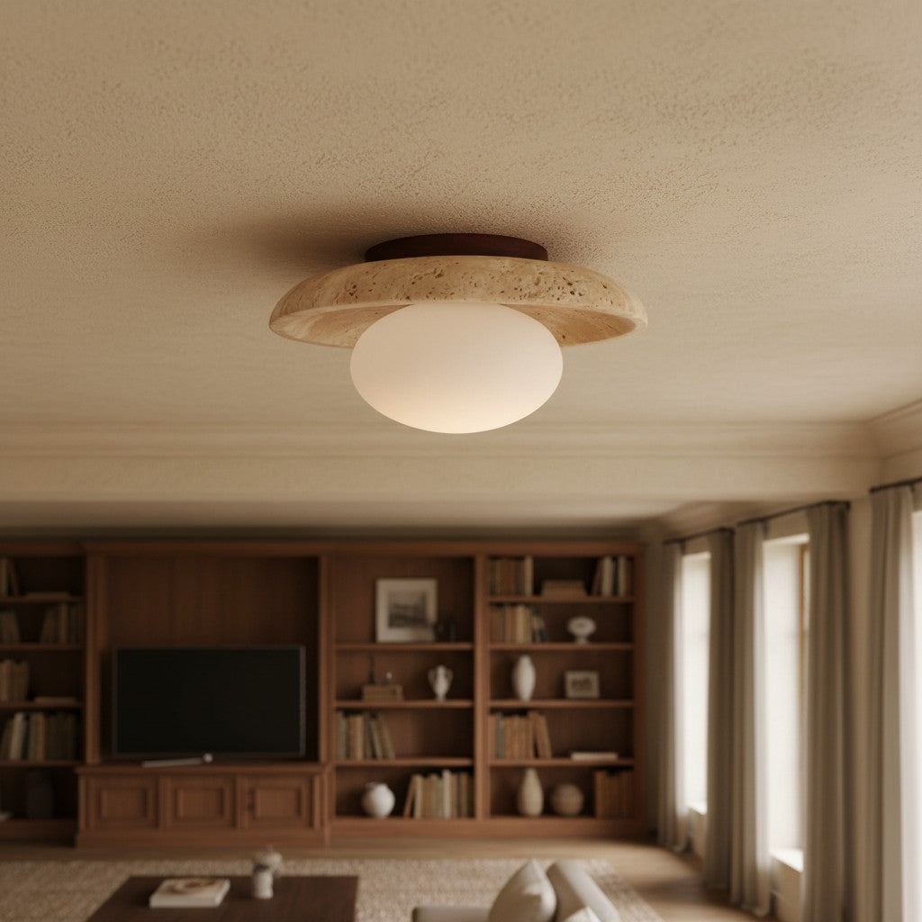 Calivra Modern Travertine Round Ceiling Light - Minimalist Flush Mount Lamp for Hallway and Bedroom
