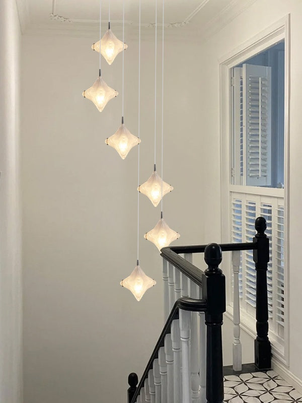 Art Deco Star Staircase Pendant Light - Frosted Glass Hanging Fixture - Astris Altair
