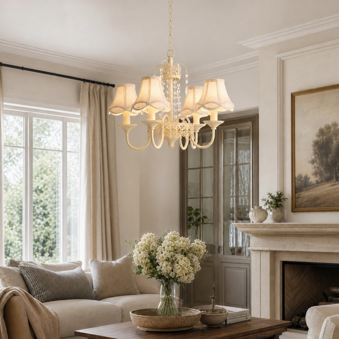 French Country Four Arm Fabric Shade Chandelier