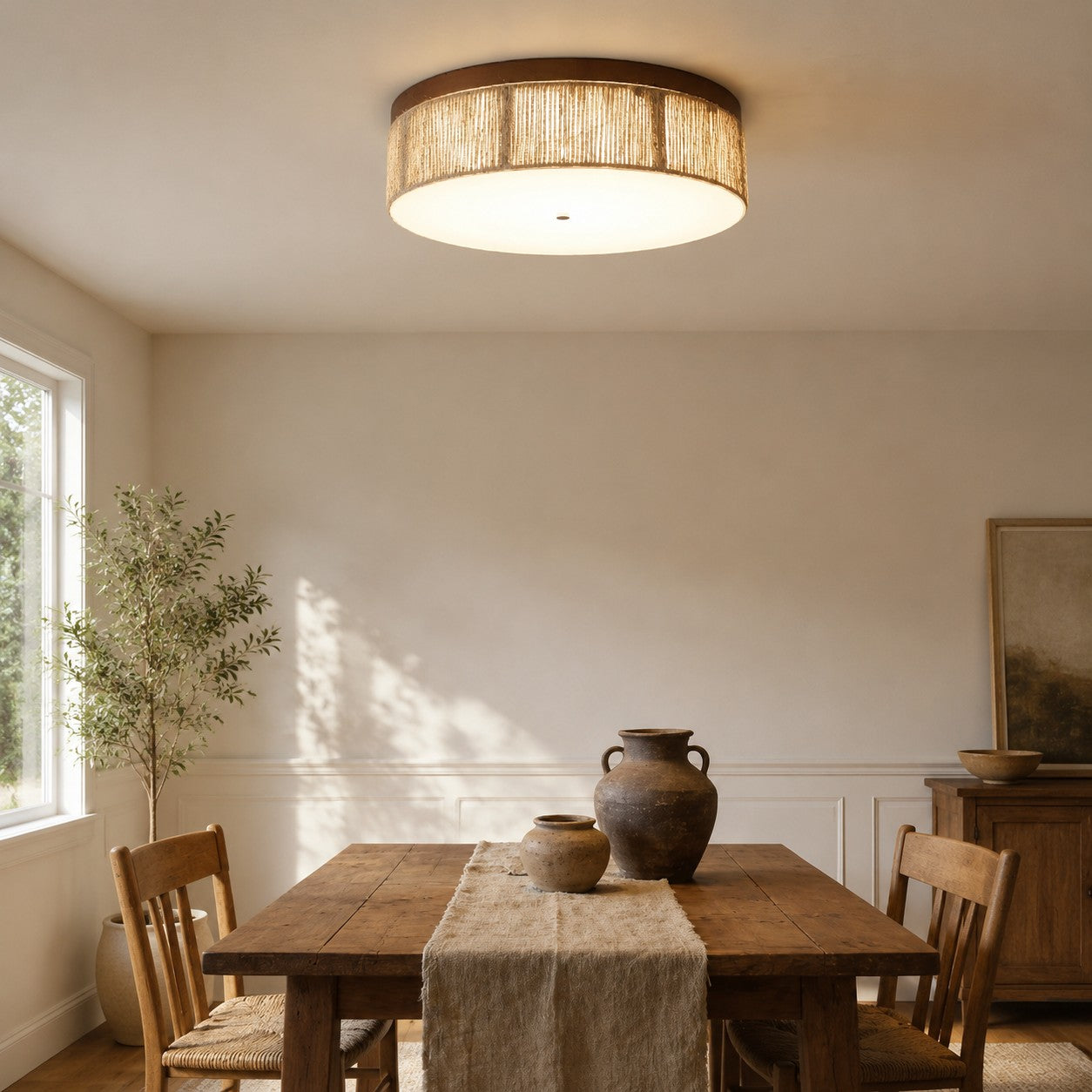 Wabi-Sabi-LED-Deckenleuchte aus massivem Holz und geflochtenem Seil