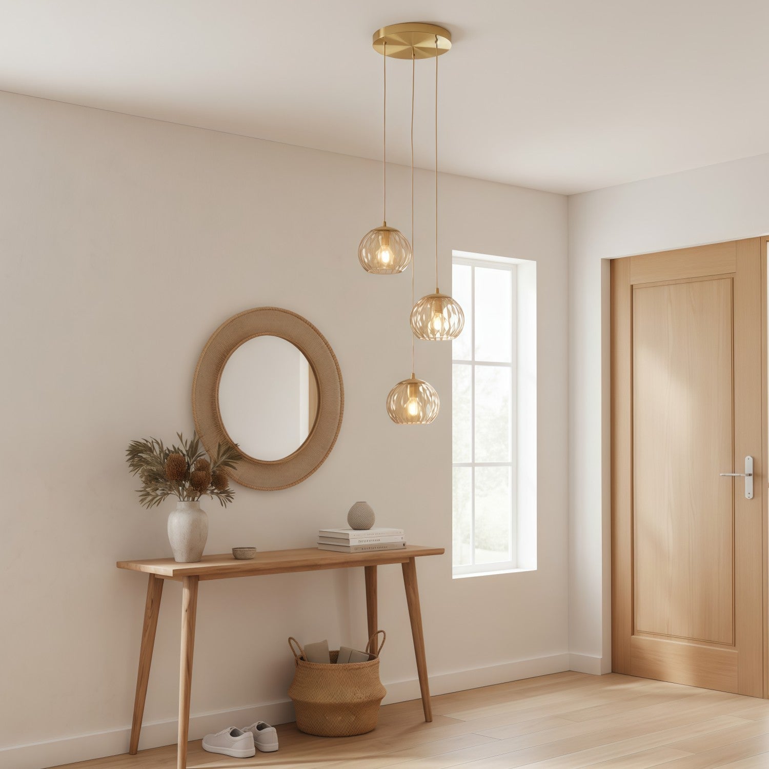 Tracian Dimpled Globes 3-Light Pendant Lamp – Sculptural Amber Lighting Ideal for Lounge or Entryway