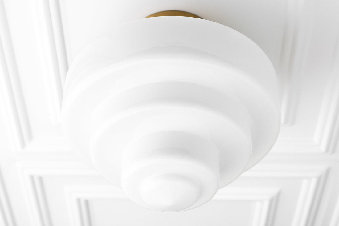 Geotower Glass Brass Ceiling Lamp – Handblown Opal Glass Globe Light