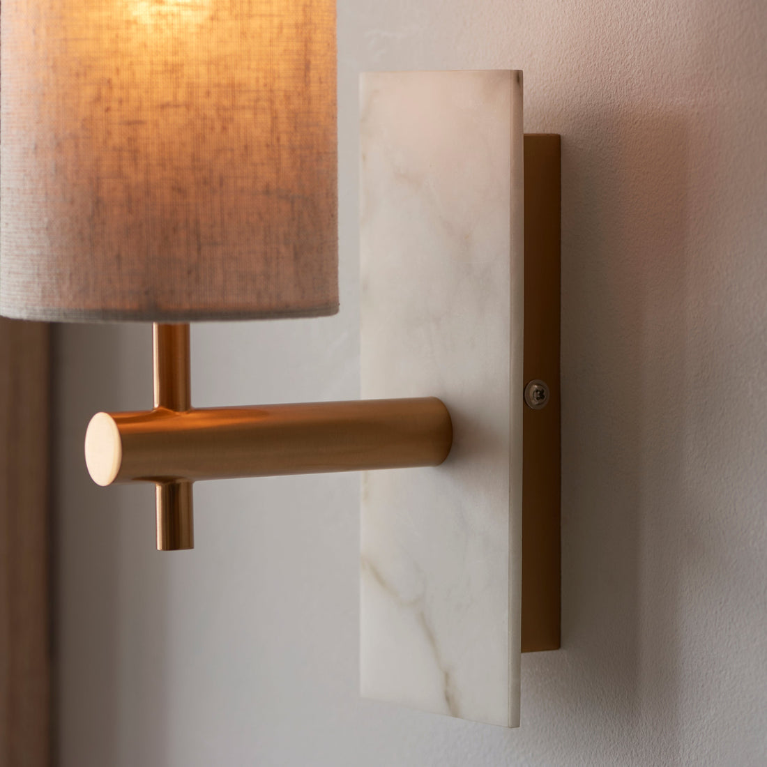 Vintage Brass Marble Wall Sconce - Natural Linen Shade