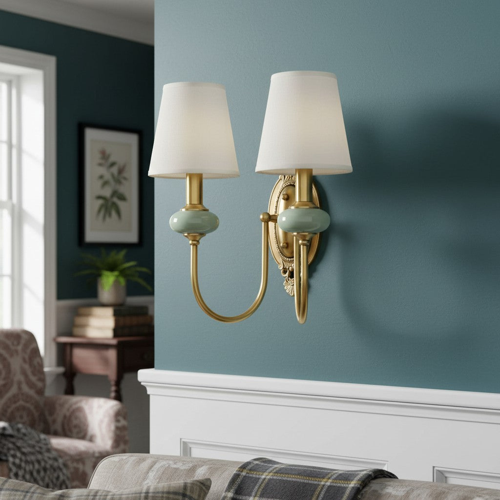 Rowanea Ceramic Wall Sconce with Fabric Shade and Metal Finish - Farmhouse Modern Hallway Light