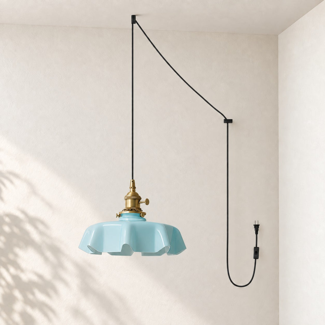 Pleated Glass Antique Brass Plug-In Swag Pendant
