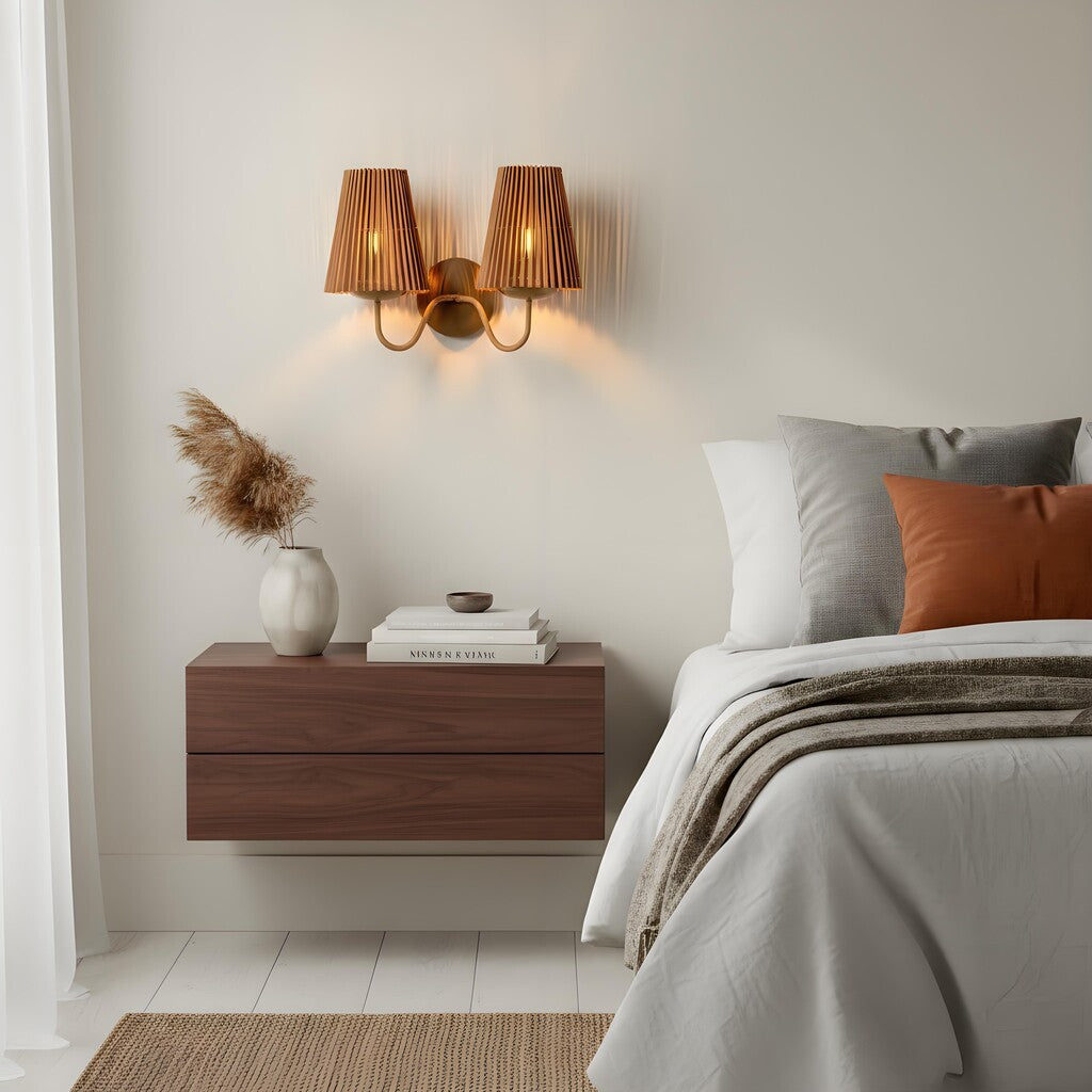 Zhoove Bamboo Wall Lamp - Pleated Natural Shade Design for Living Room or Bedroom