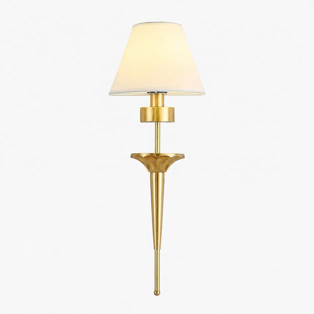Brass wall sconce with white fabric shade