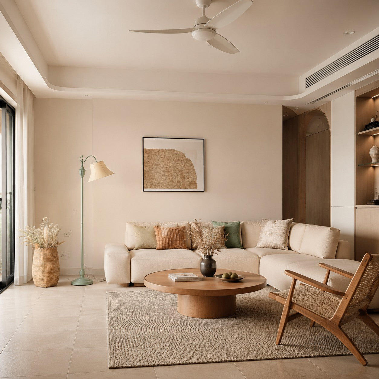 Sage green floor lamp in a calm modern living room