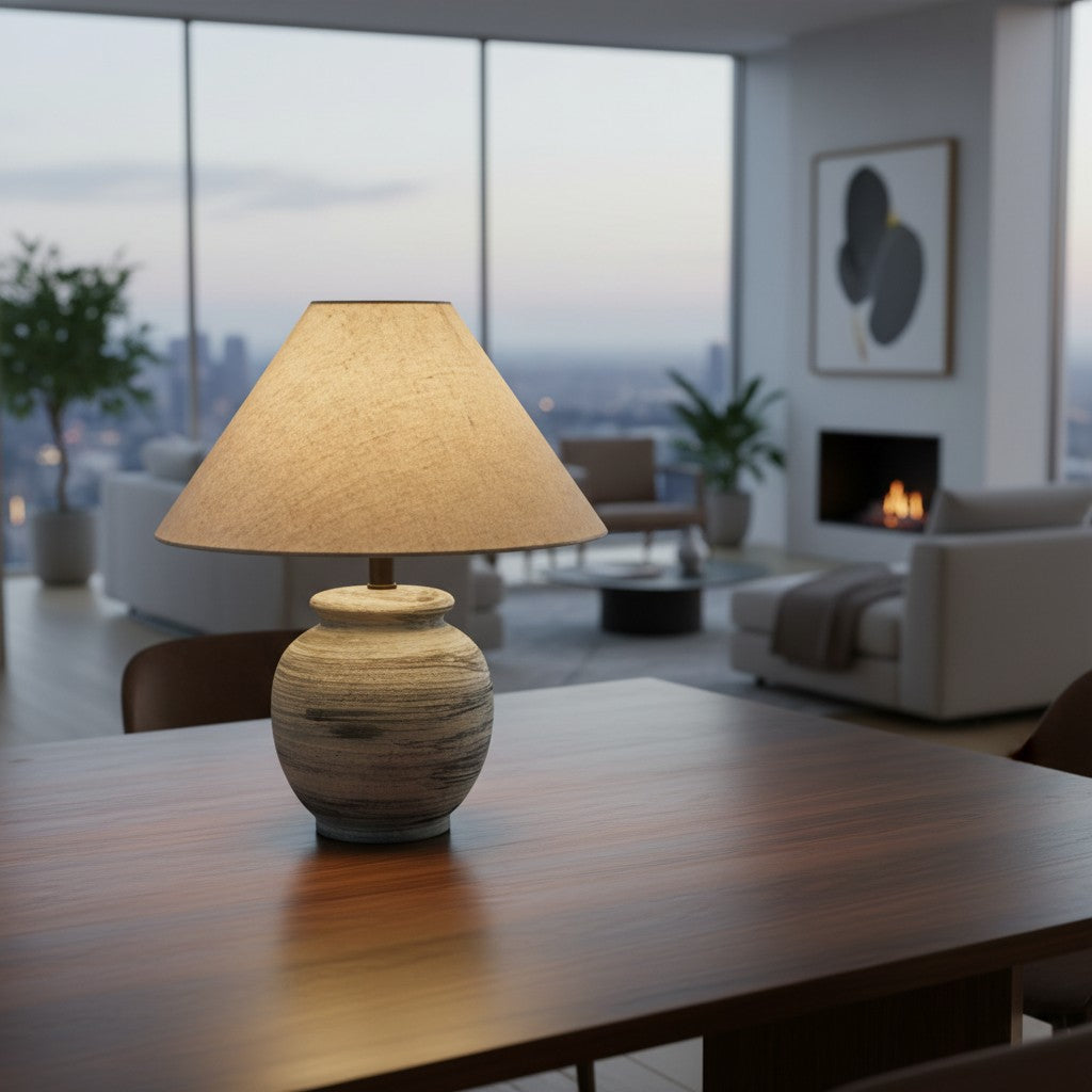 Ceravine Rustic Ceramic Base Table Lamp with Conical Fabric Shade – Elegant Accent Lighting for Home