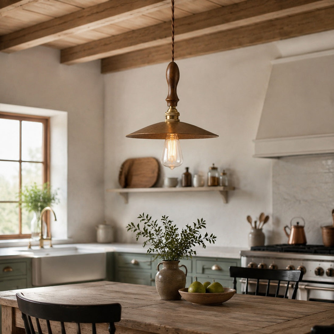 Vintage brass pendant above kitchen table