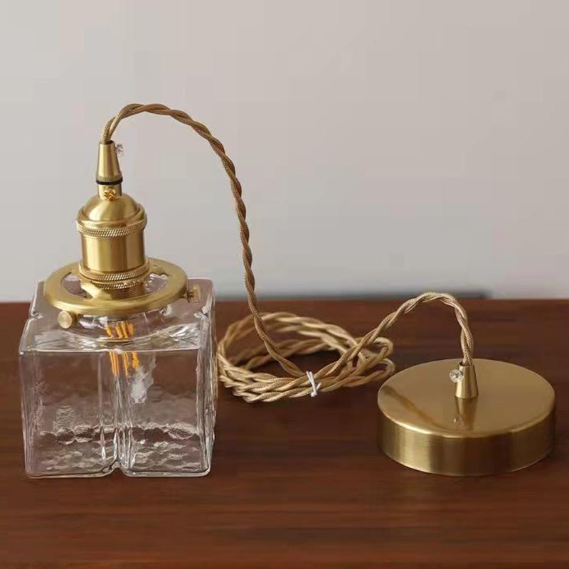 Traditionelle Vintage Quadrat Rechteck Ripple Glas Eisen 1-Licht Pendelleuchte für Wohnzimmer