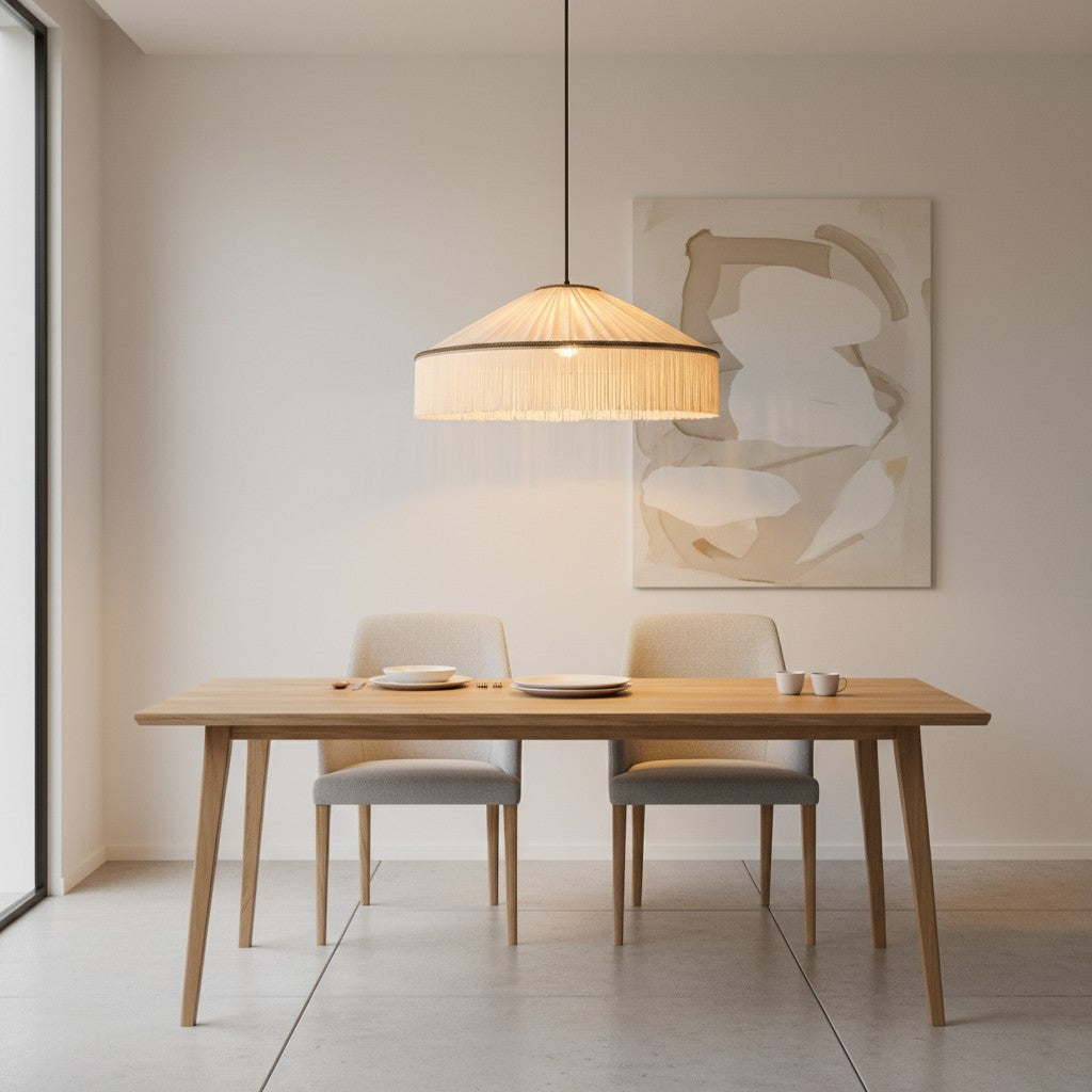 Beige Stecker-Pendelleuchte aus plissiertem Stoff mit Fransen