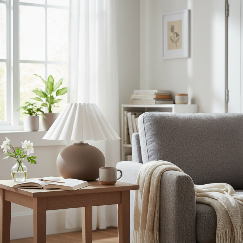 Ruffmeto Decorative Table Lamp — Round Ceramic Base with Pleated Fabric Shade for Cozy Spaces