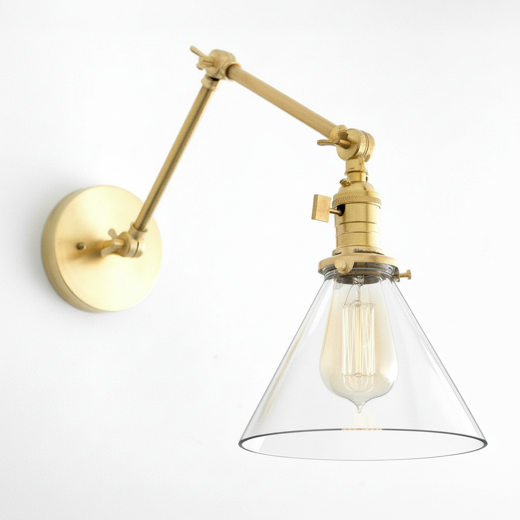 Conique Industrielle Wandleuchte aus Metall mit verstellbarem Arm – Kegelschirm aus Vintage-Glas