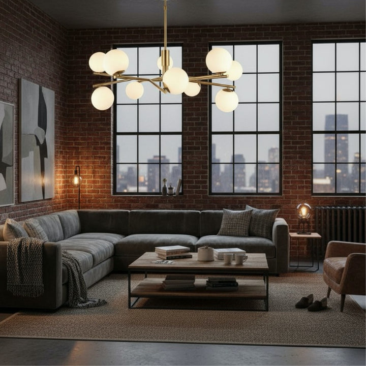 Tivara Mid-Century Modern 10-Light Pendant – Chandelier with Globe Shades for High Ceilings
