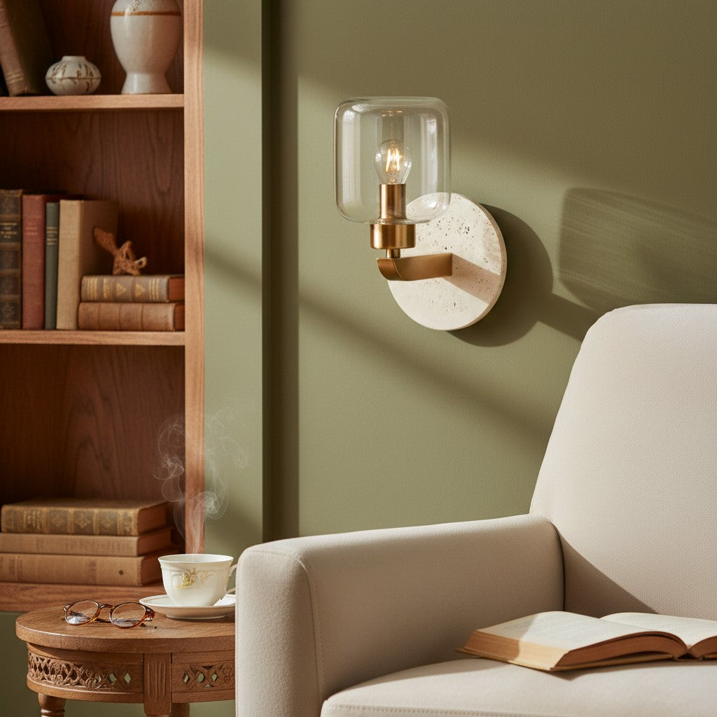 Korlisse Modern Marble Wall Light - Vintage Brass & Clear Glass Accent for Living Room and Hallway