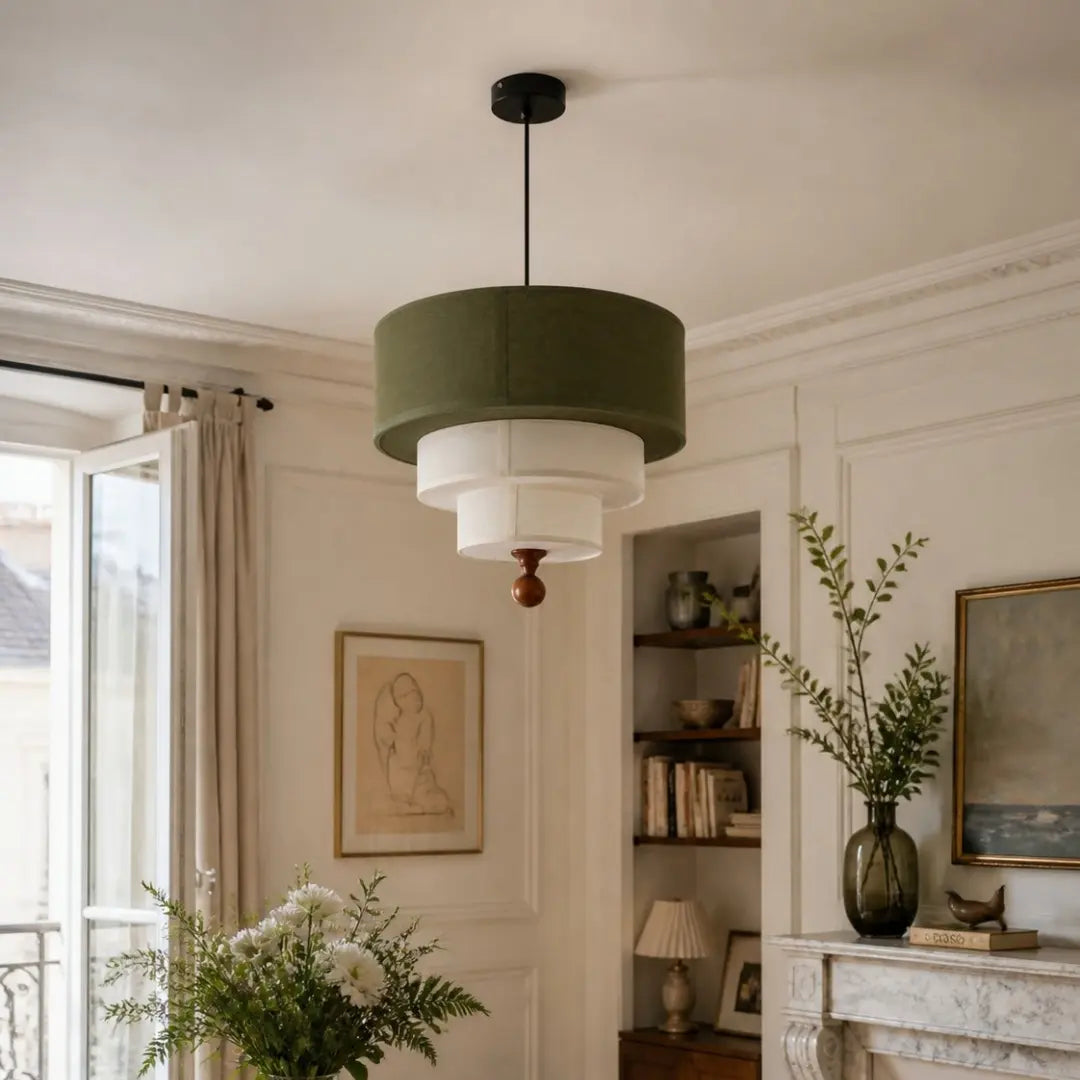 White and green fabric pendant light in a styled interior