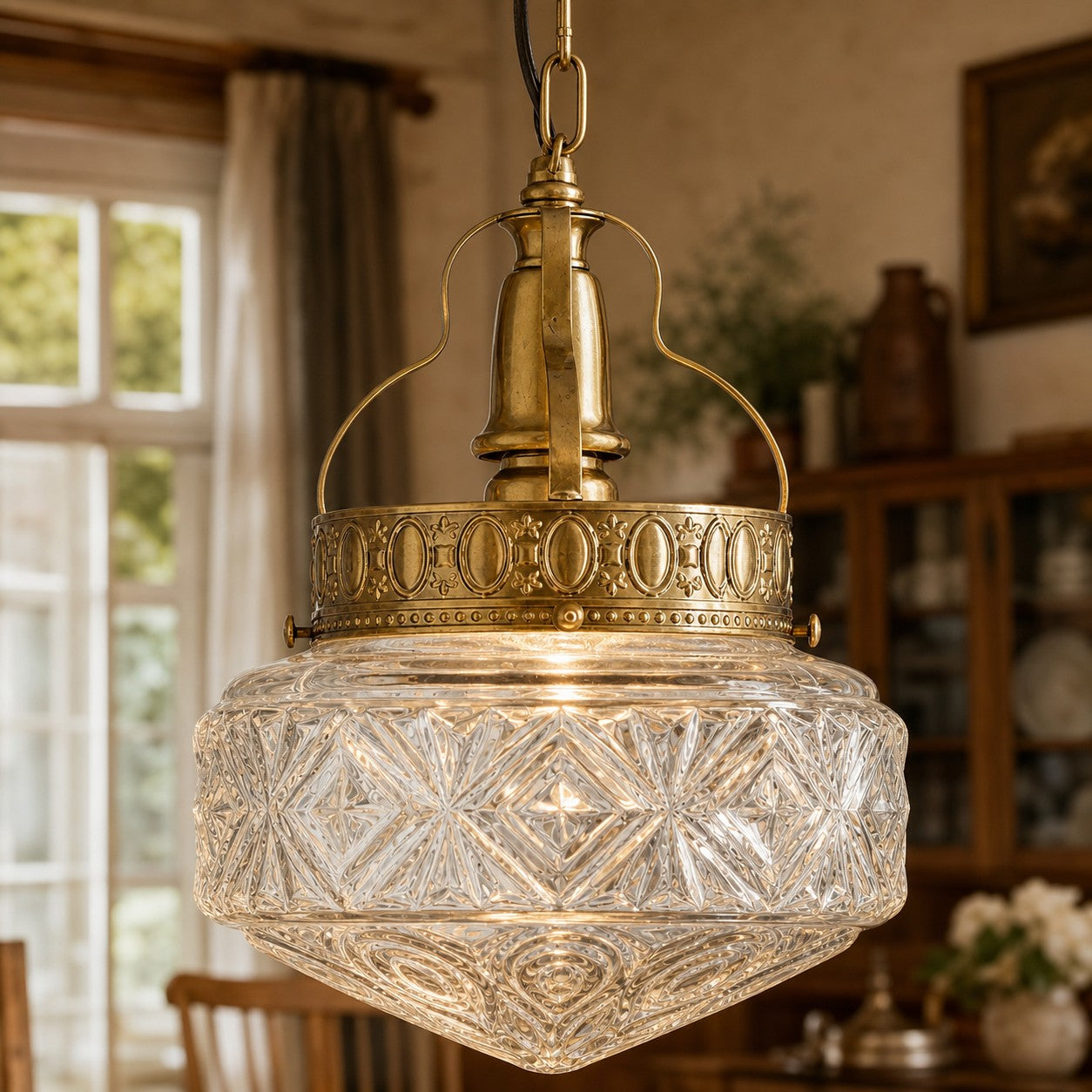 Clear glass pendant light glowing in a warm dining room