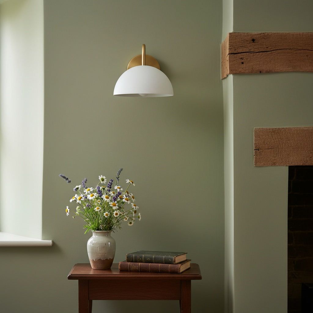 Curva Metal Industrial Wall Sconce - Curved Brass Arm - Hammered Dome Light Fixture