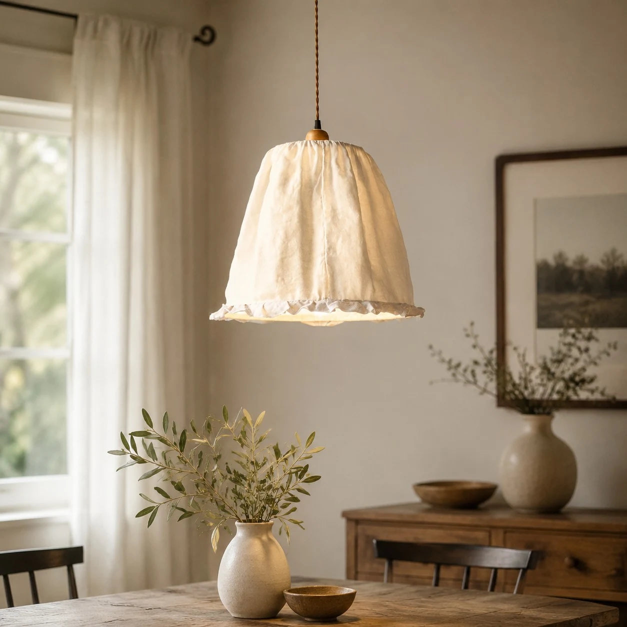 Gathered fabric pendant light above a rustic dining table