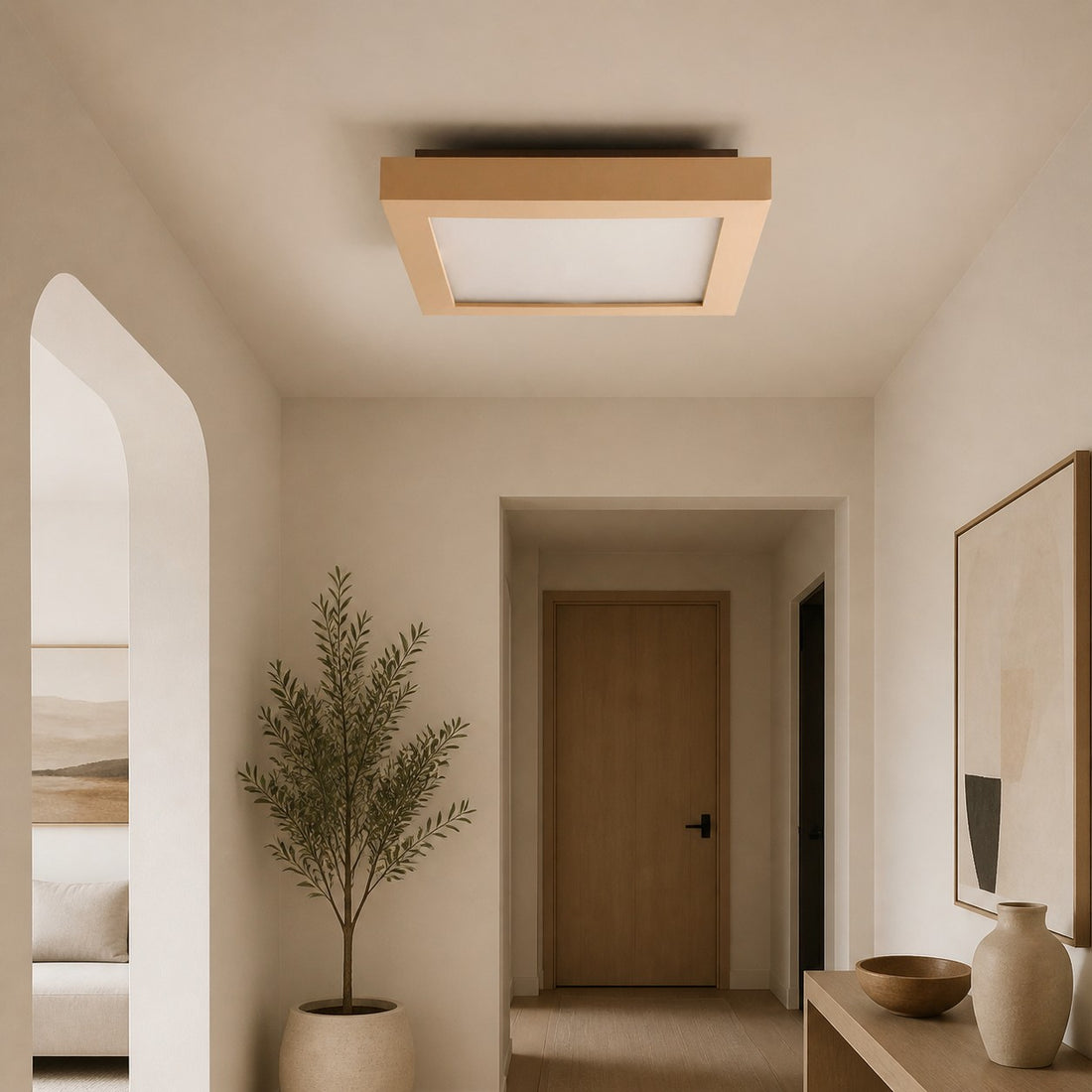 Cream square ceiling lamp installed in entryway