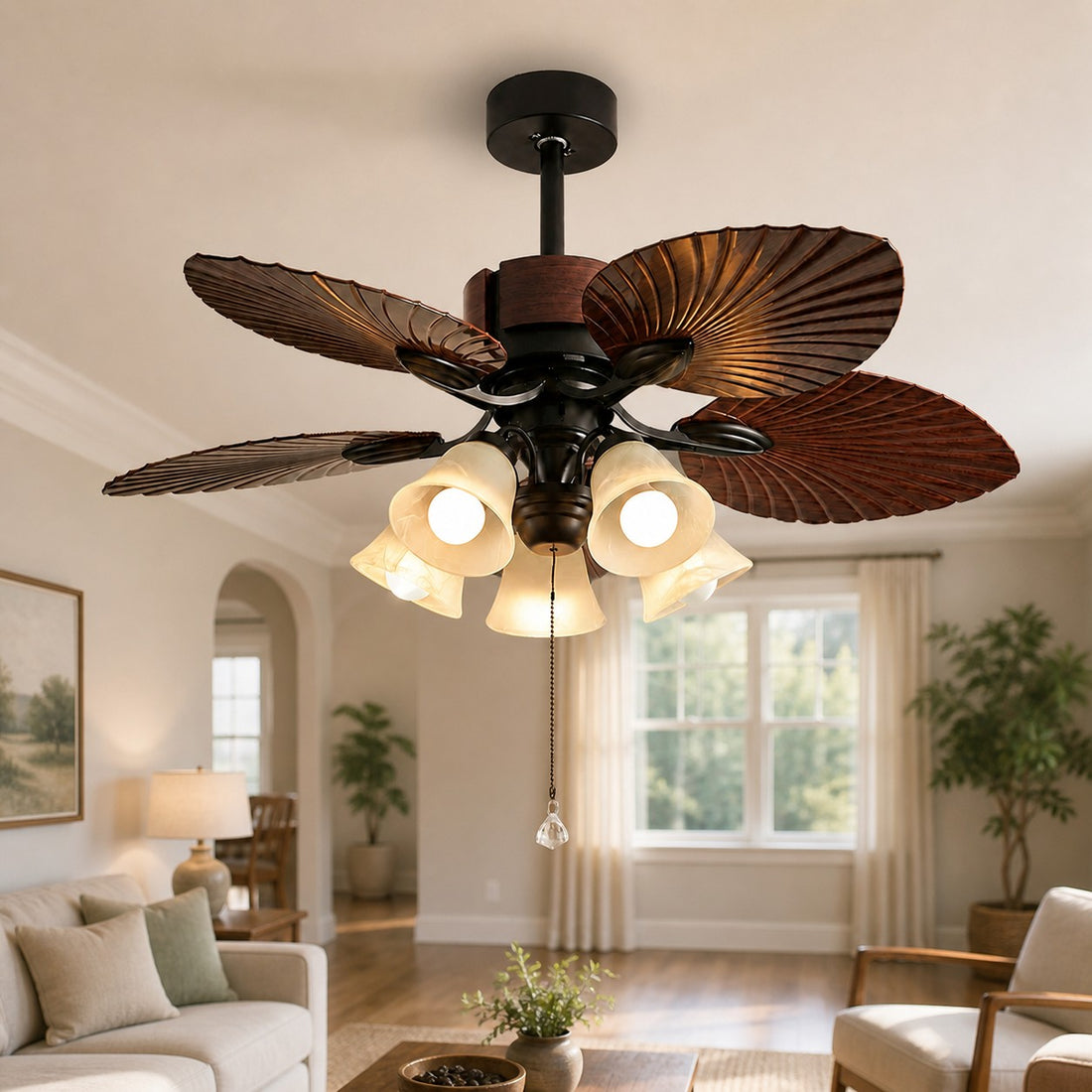 Deckenventilator mit Licht und tropischem Blattdekor