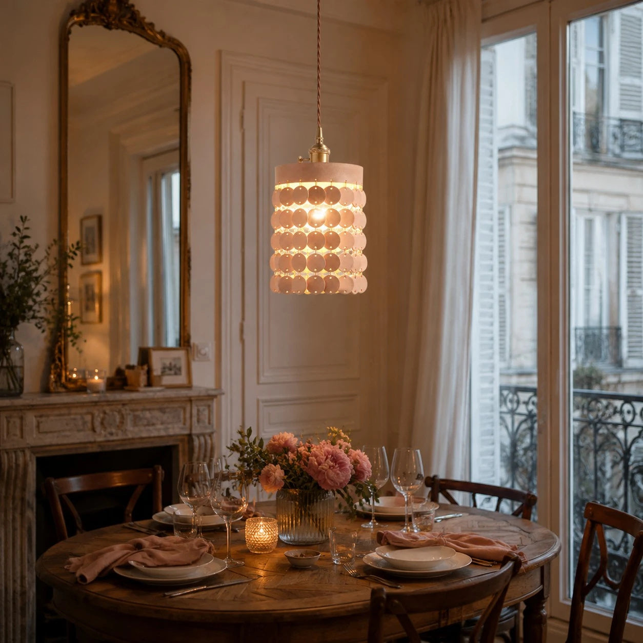 Natural leather pendant light above a dining table