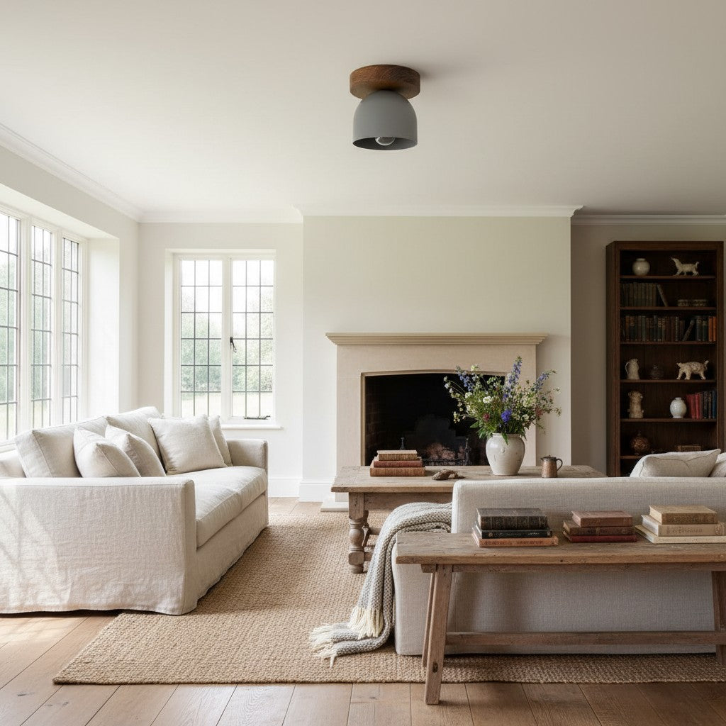 Metio Dome Moderne rustikale Deckenleuchte – Holz- und Metallfusion