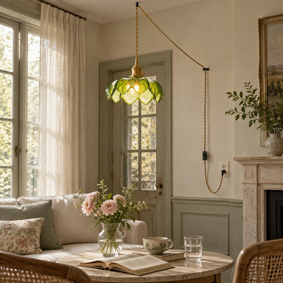 Plug-in-Hängeleuchte aus geriffeltem Blumenglas