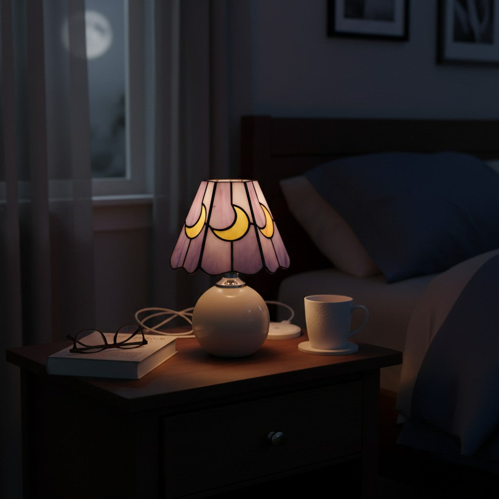 Stellum Mushroom Moon Stained Glass Table Lamp Artistic Accent Light Ceramic Base for Living Spaces