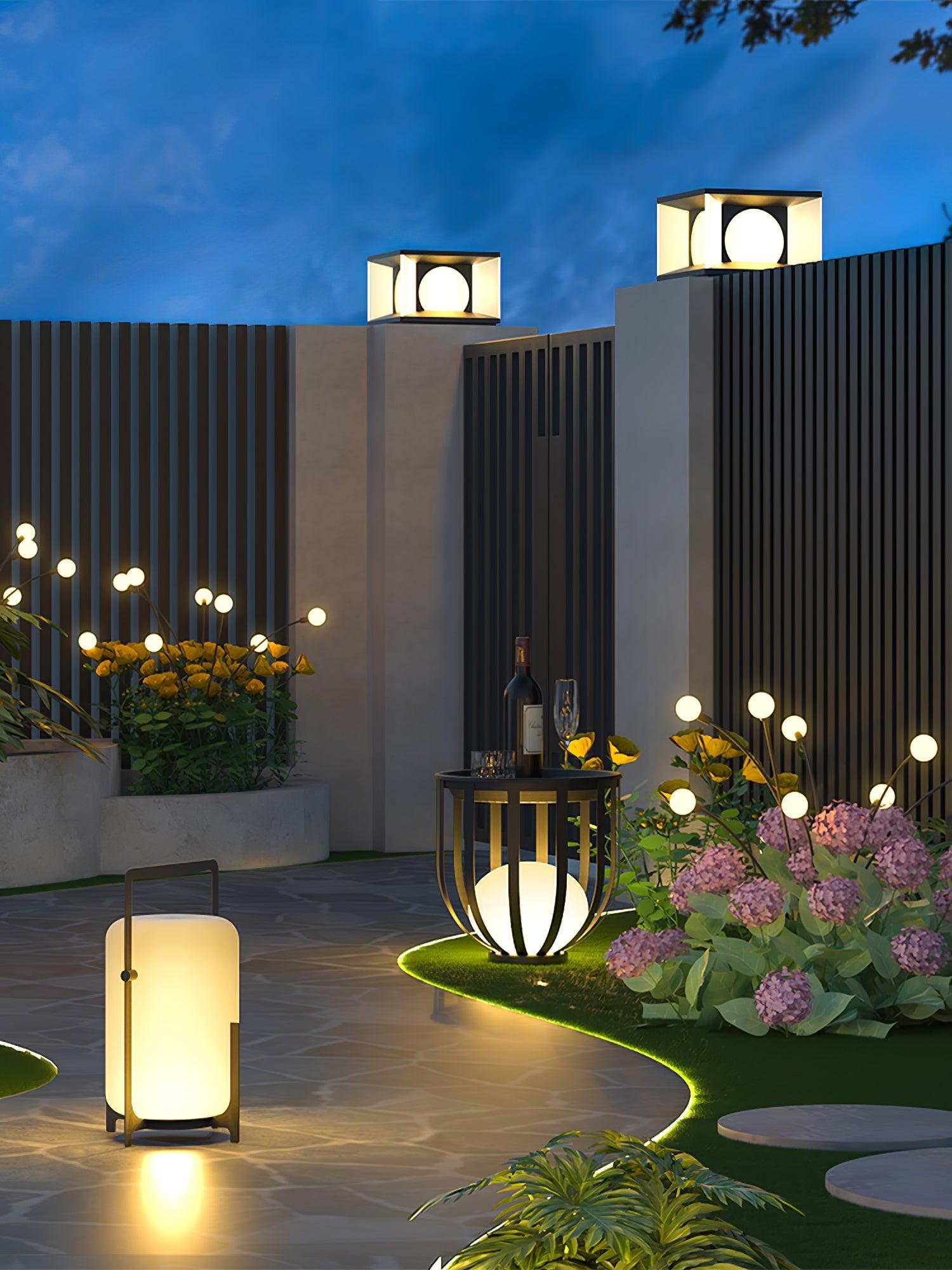 Black Lantern Table Lamp - Outdoor LED Light with Blown Glass Shade