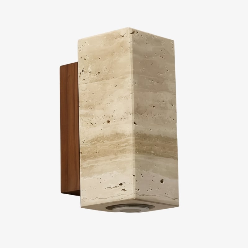 Slivara-Wandleuchte mit Naturstein-Rückplatte und warmem bernsteinfarbenem Schirm – Vintage-moderne Slivara-Wandleuchte für das Wohnzimmer
