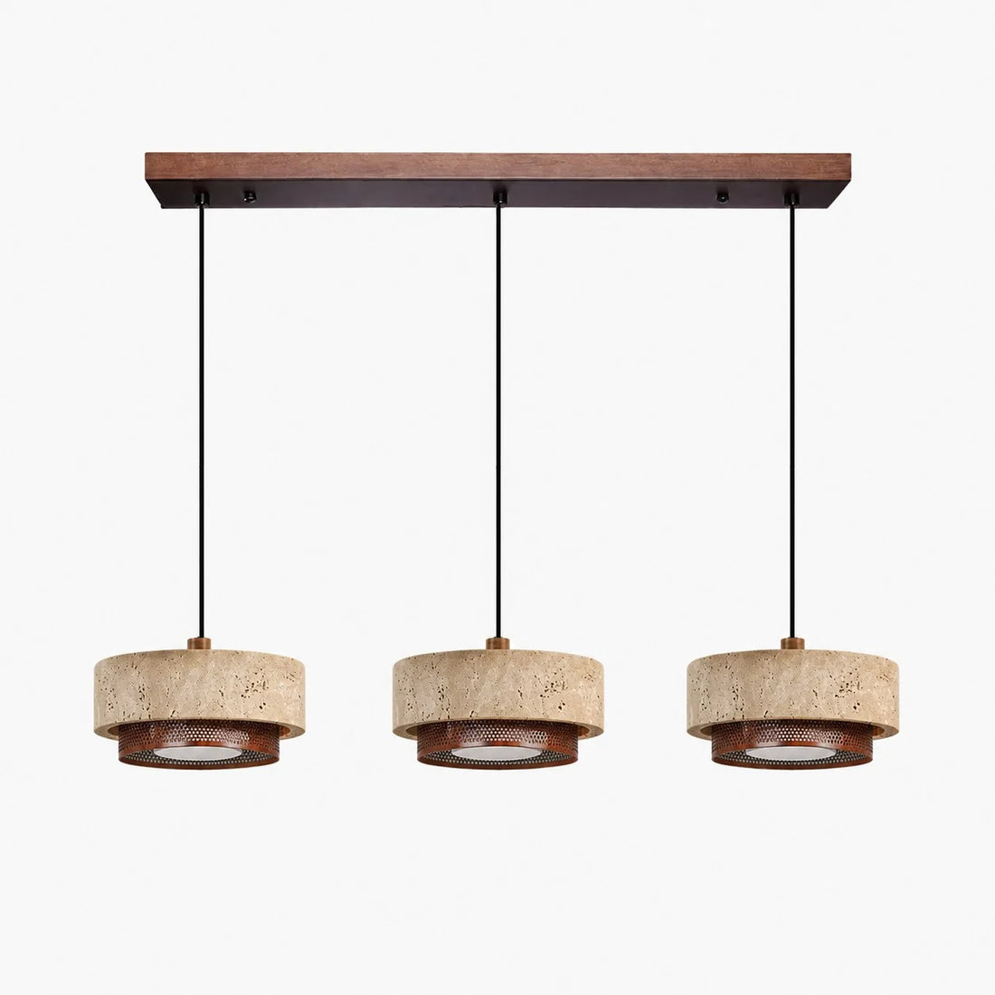 three head natural travertine walnut pendant light