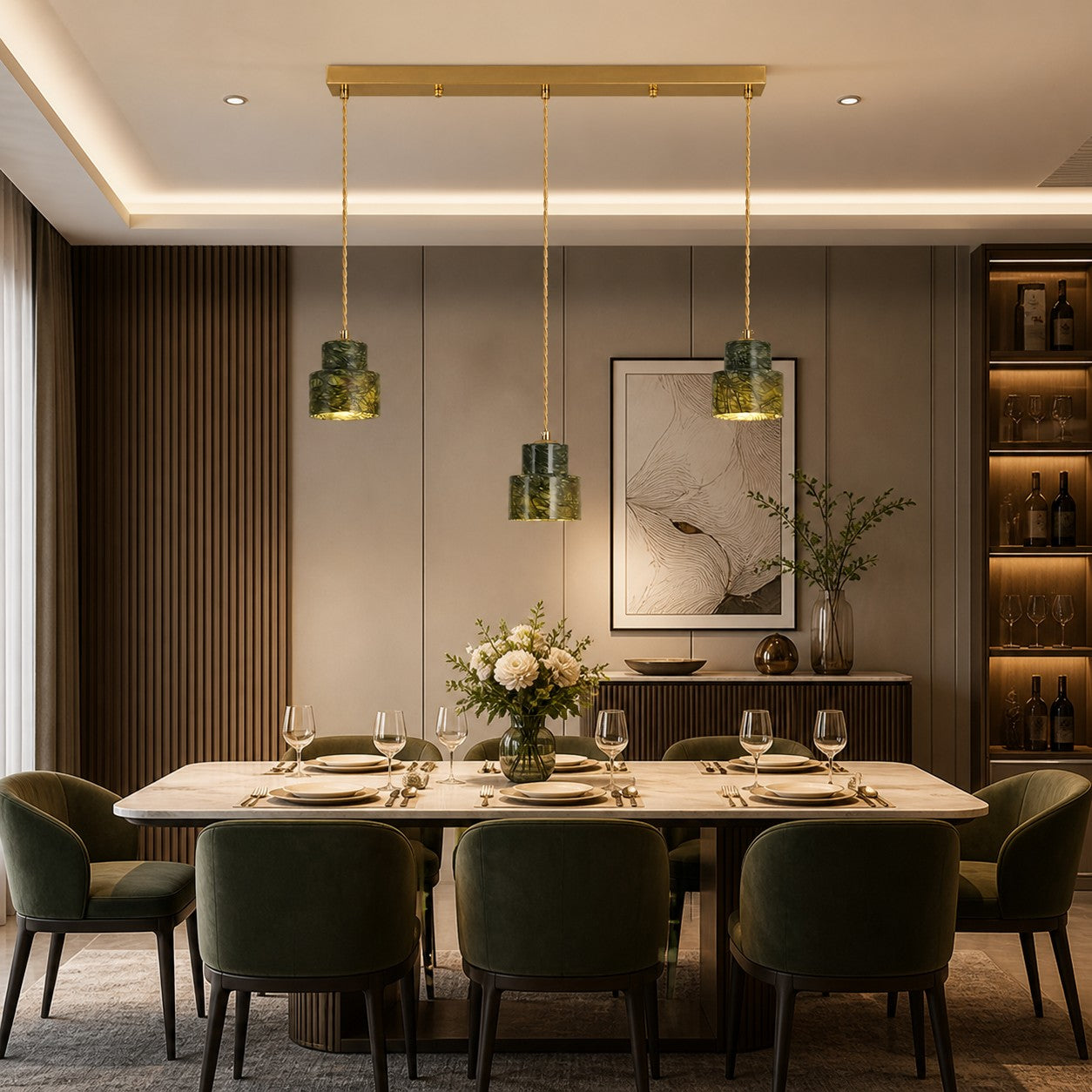 Green Jade 3-Light Linear Pendant Light