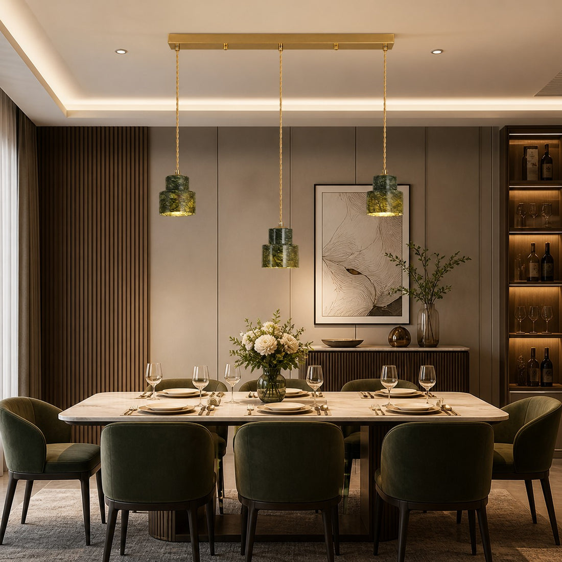 Green Jade 3-Light Linear Pendant Light