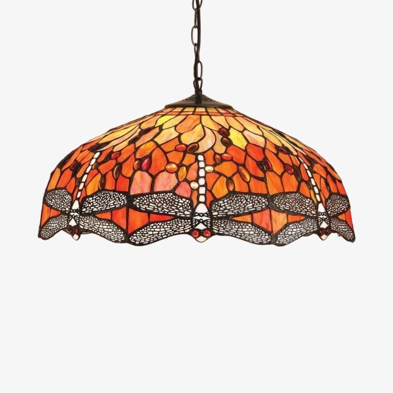 TF Dragonfly Tiffany Pendant Light – Art Nouveau Stained Glass Pendant for Living