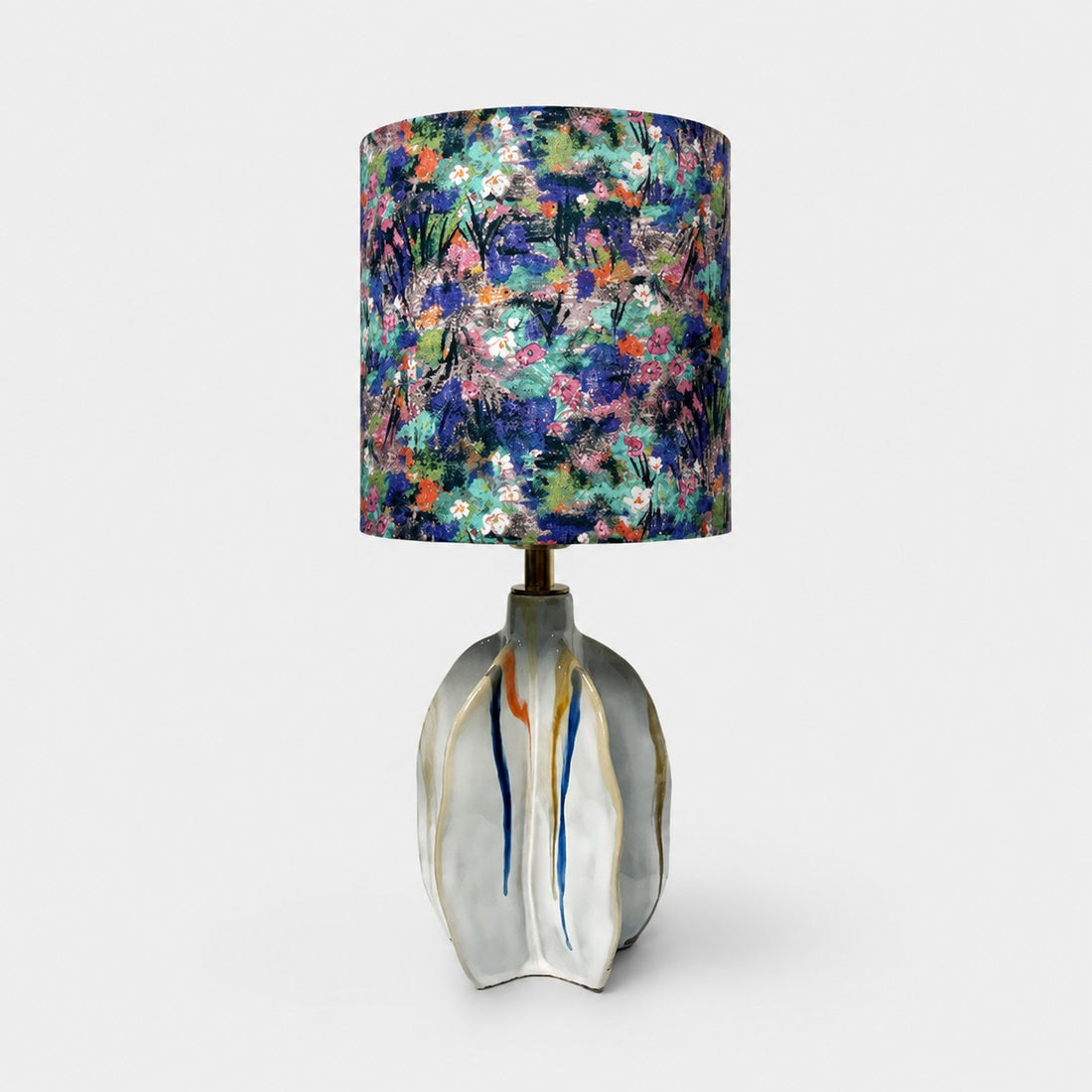 Handmade ceramic table lamp with floral print fabric shade