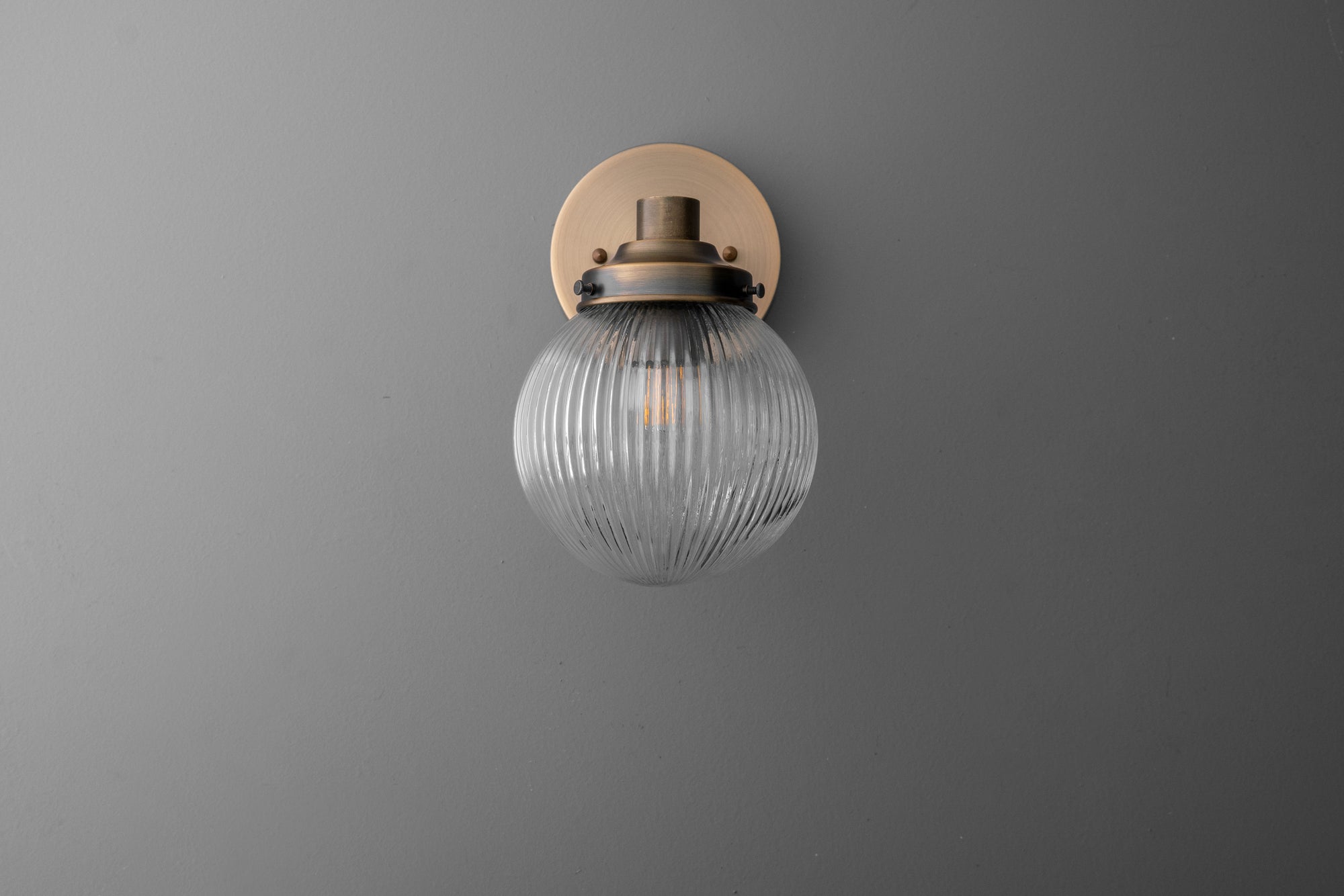 Glorica Glass Aged Brass Wall Sconce - Ribbed Glass Shade Industrial Style Lighting