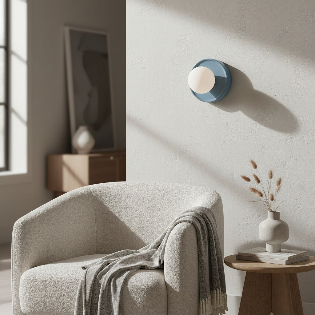 Solna Round Glass Wall Sconce with Ceramic Base—Minimalist Lighting for Bedroom or Hallway