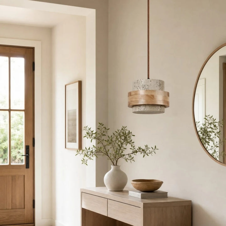 Single travertine pendant lamp in warm neutral interior