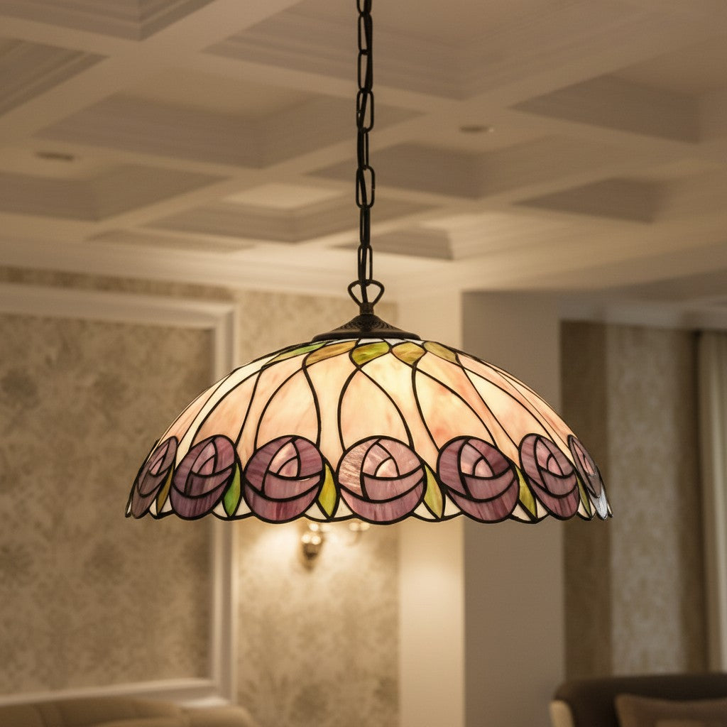 TF Hutchinson Tiffany Glass Pendant Light with Artistic Mosaic Design for Dining and Living Spaces