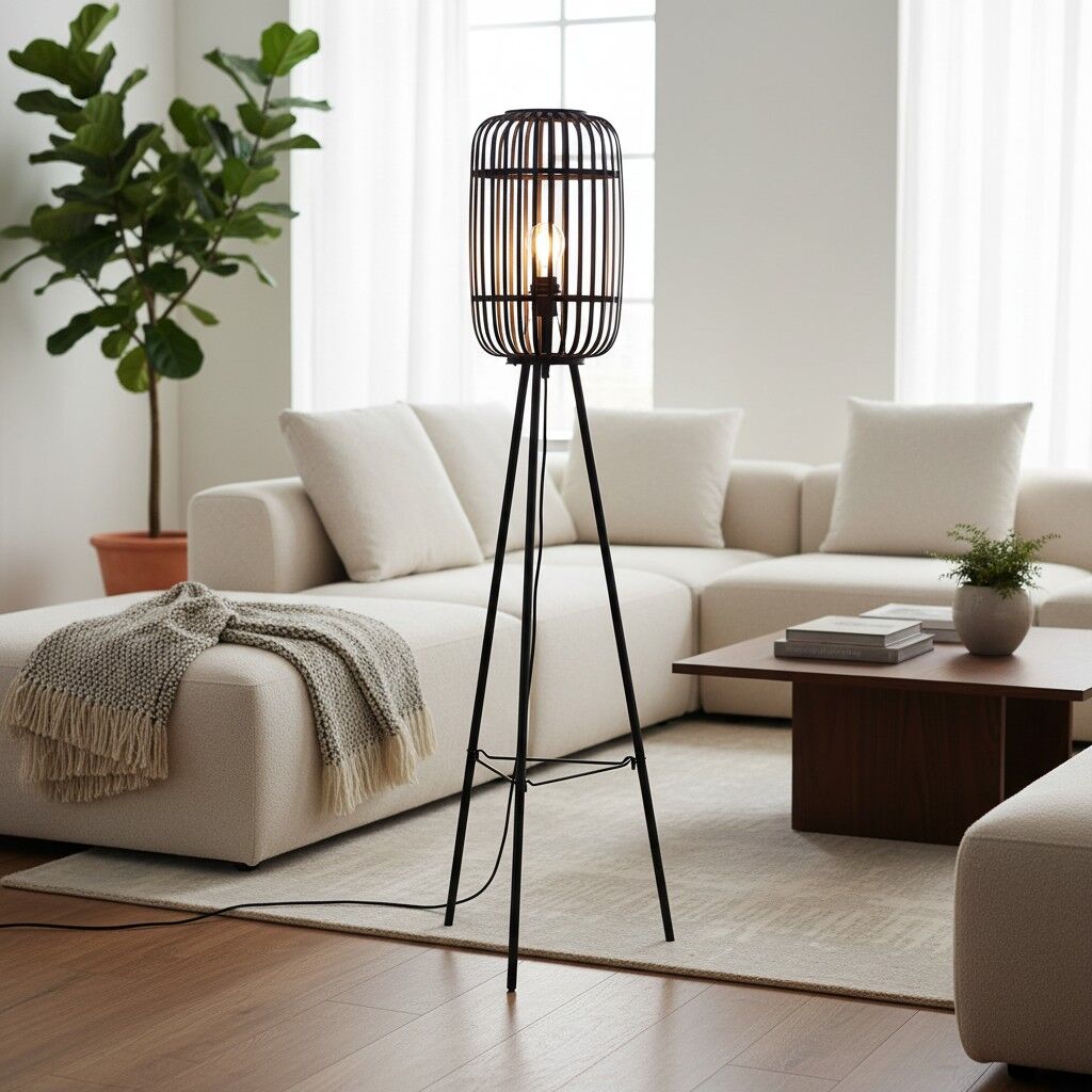 Yumeko Natural Woven Floor Lamp – Modern Scandi Bamboo Shade Standing Lamp for Bedrooms or Living Rooms